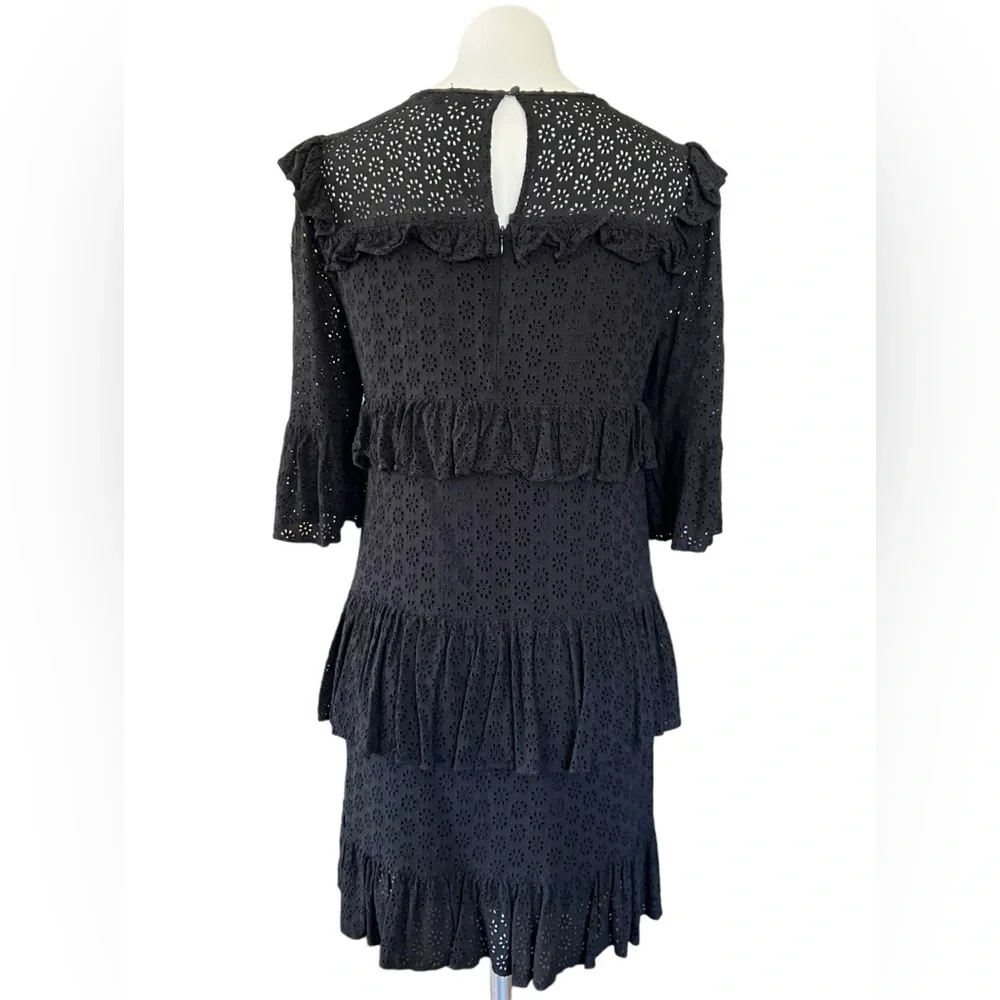 MADEWELL | Black‎ Eyelet Waterlily Ruffle Round Neck Tiered Mini Dress Size 6